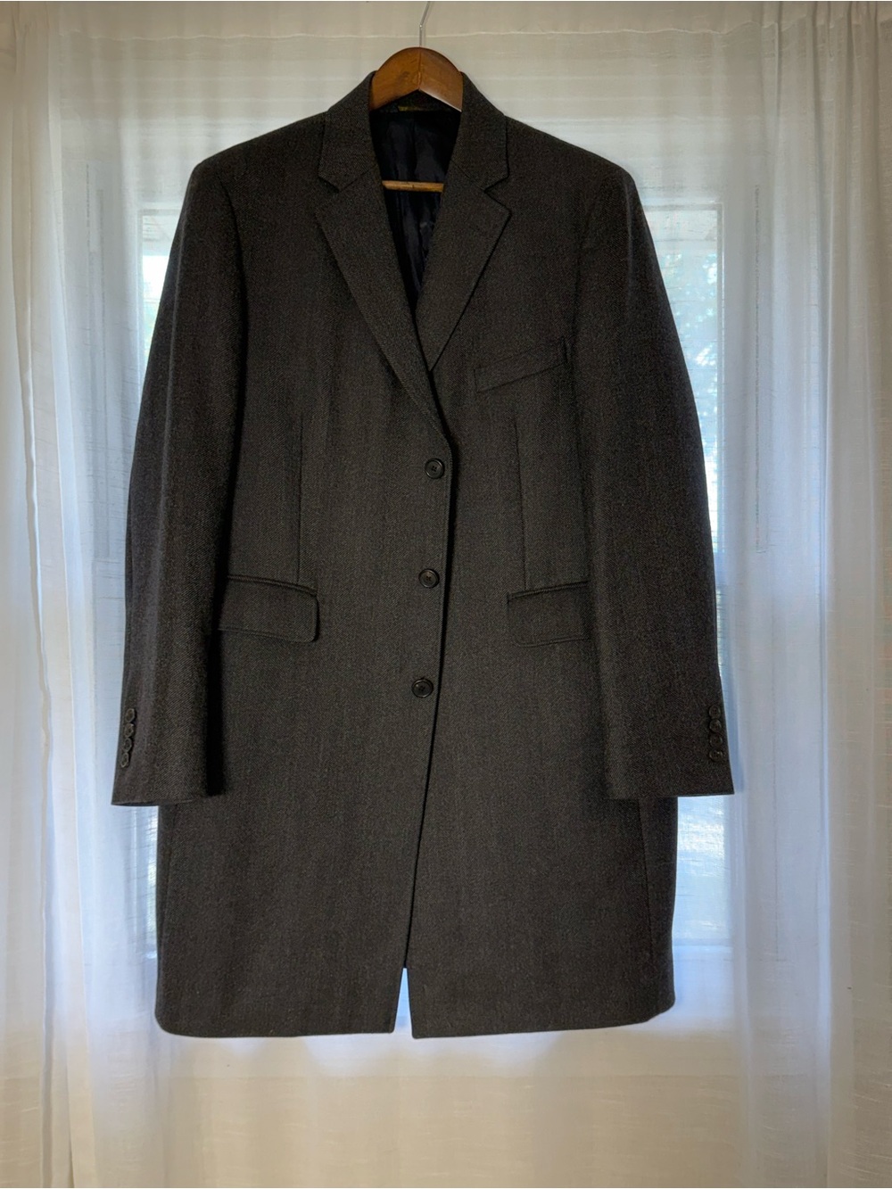 Brooks Brothers Dark Gray Wide Herringbone 100% Italian Wool Blend Overcoat- 44R